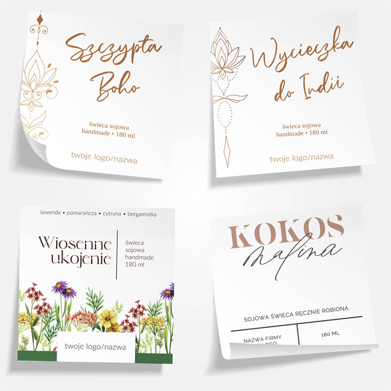 ETYKIETY NA ŚWIECE, MIX wzorów do wyboru, naklejki foliowe, kwadratowe